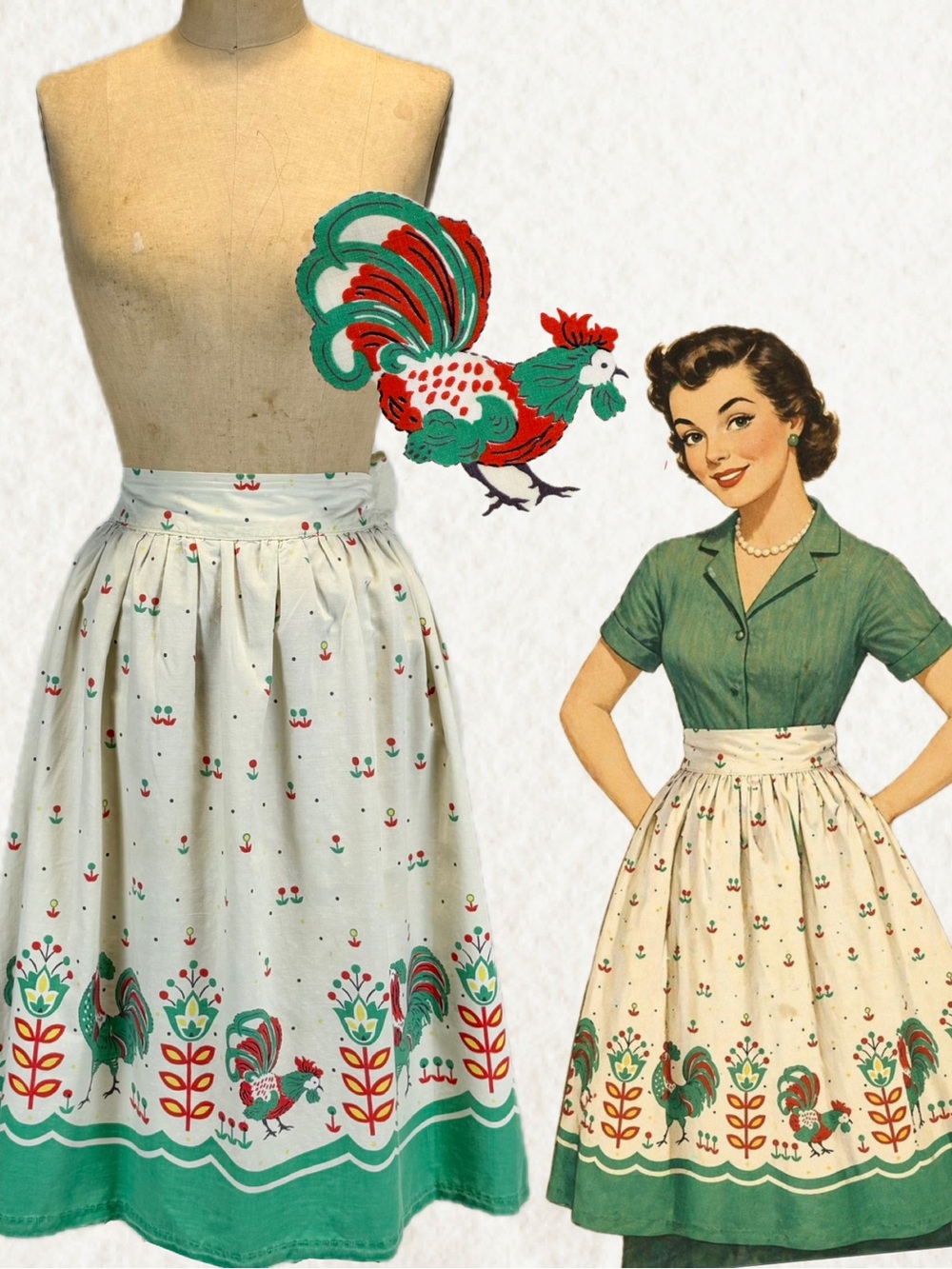 VINTAGE farmhouse rooster long half apron tie back tulip flower folk art chore